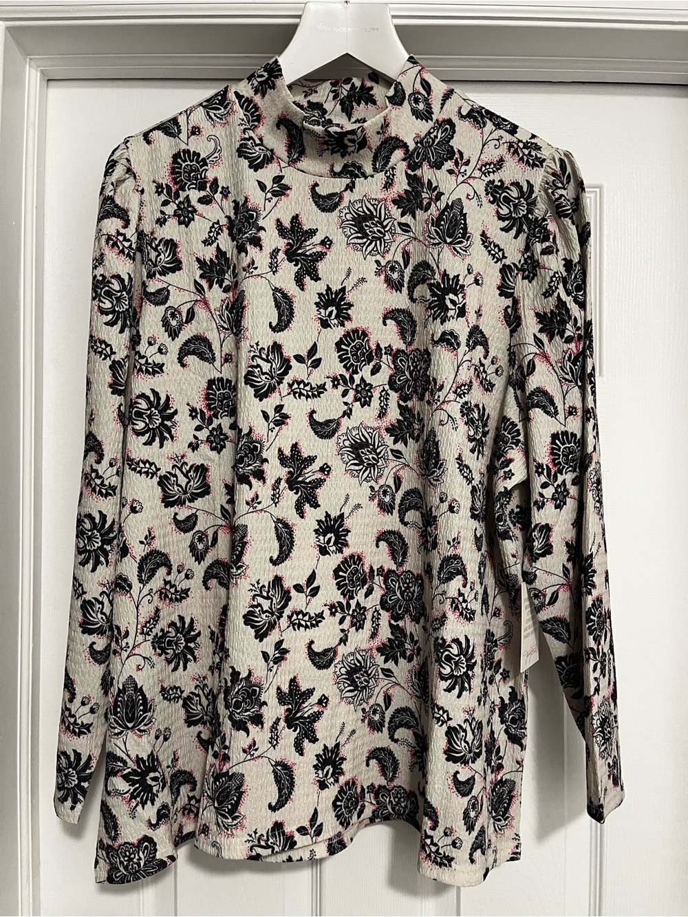 Cream Blouse with Black and Pink Floral Print